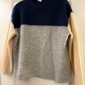 DemyLee New York Color-Block Mohair Blend Sweater – Size L (Navy, Gray & Cream)